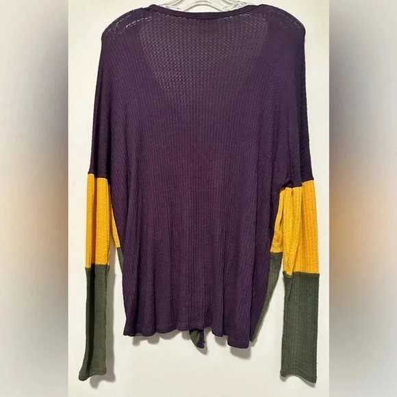 Bibi waffle purple gold olive long sleeve tie front top size M - Picture 3 of 6